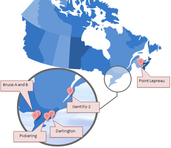 Locations of nuclear power plants in Canada