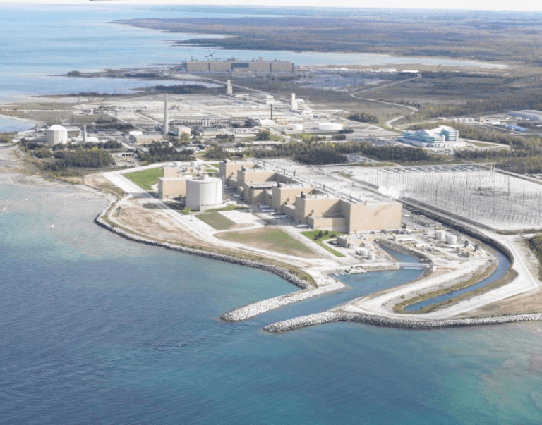 Aerial photograph showing the Bruce A and Bruce B nuclear power plants.