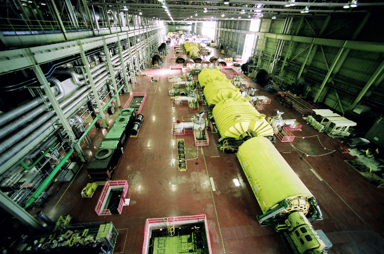 Photo of the turbine hall at the Bruce A Nuclear Generating Station.