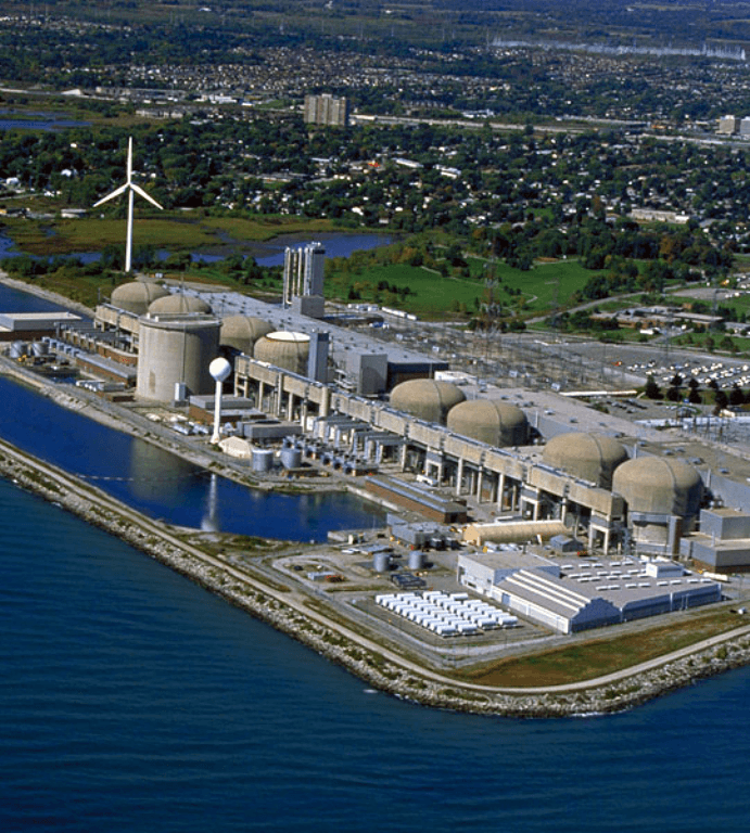 Aerial photograph showing the Pickering nuclear power plant.