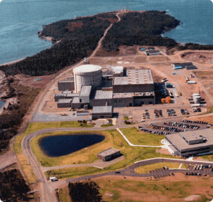 Aerial photograph showing the Point Lepreau nuclear power plant.