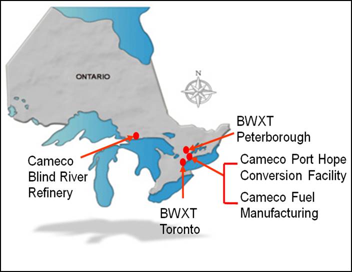 This map shows the locations of these facilities in Ontario, Canada: the Cameco Blind River Refinery in Blind River; the BWXT Nuclear Energy Canada Inc. facilities in Toronto and Peterborough; the Cameco Port Hope Conversion Facility in Port Hope; and Cameco Fuel Manufacturing Inc., also in Port Hope.