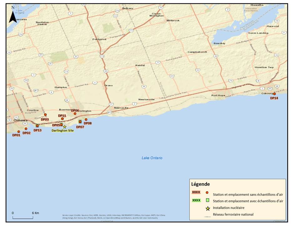 Carte des emplacements des échantillonnages effectués pour la campagne du PISE 2021 autour du complexe nucléaire de Darlington.