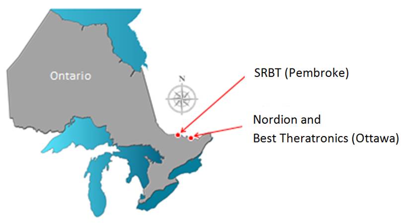 This map shows the locations of the nuclear substance processing facilities in Ontario, Canada: SRB Technologies (Canada) Inc., located in Pembroke; Nordion (Canada) Inc., located in Ottawa; and Best Theratronics Ltd., also in Ottawa.