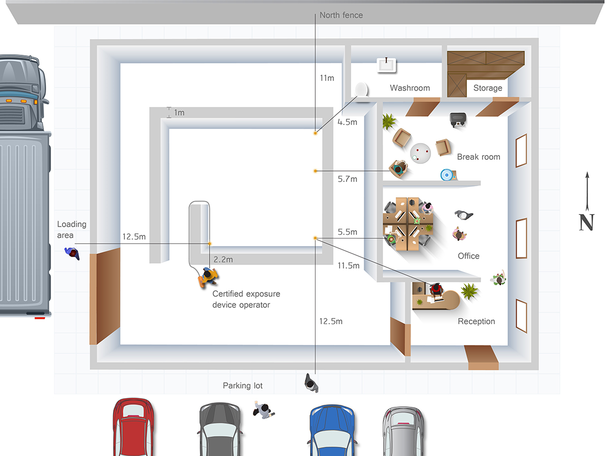 The layout of the building showing the planned location of the radiography installation