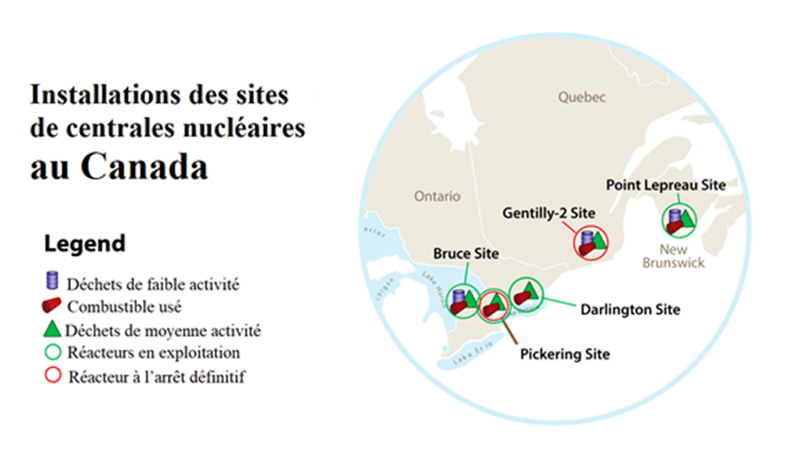 Les sites de centrales nucléaires au Canada. La photo montre l'emplacement des sites Bruce, Pickering, Darlington, Gentilly-2 et Point Lepreau sur la carte de l'est du Canada.