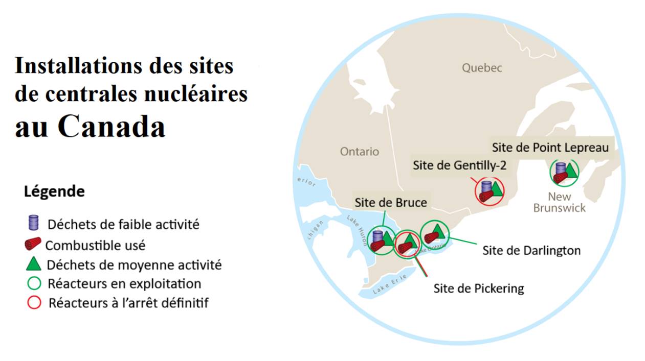 Les sites de centrales nucléaires au Canada. La photo montre l'emplacement des sites Bruce, Pickering, Darlington, Gentilly-2 et Point Lepreau sur la carte de l'est du Canada.