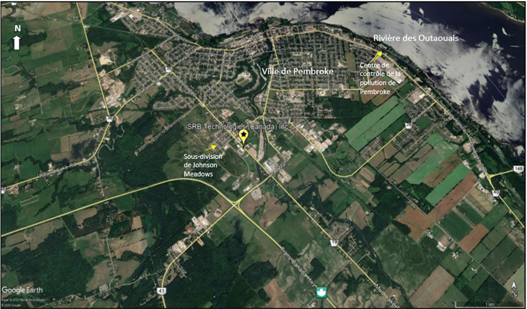 Vue aérienne de l’installation de SRBT dans la ville de Pembroke et la région, de la sous-division de Johnson Meadows, du Centre de contrôle de la pollution de Pembroke et de la rivière des Outaouais. 