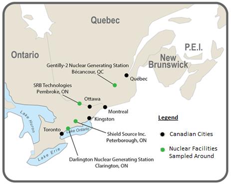 Locations of the four nuclear facilities included in the Environmental Fate of Tritium in Soil and Vegetation Study: Darlington Nuclear Generating Station, Clarington, ON; Shield Source Inc., Peterborough, ON; SRB Technologies, Pembroke, ON; Gentilly-2 Nuclear Generating Station, Bécancour, QC
