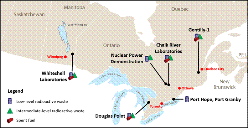 A map showing the locations of the Canadian Nuclear Laboratories sites in Canada: Chalk River Laboratories; Whiteshell Laboratories; Port Hope; Port Granby; Douglas Point; Gentilly-1; and Nuclear Power Demonstration.