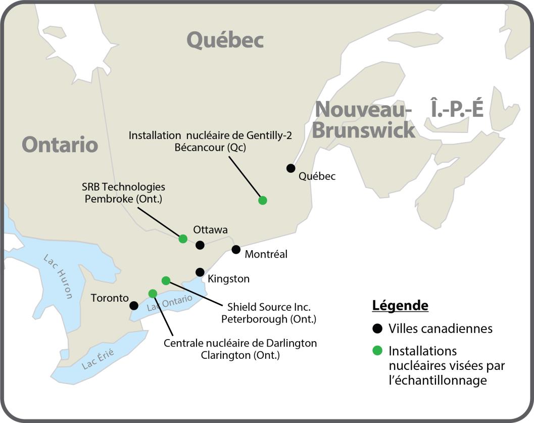 Emplacement des quatre installations nucléaires visées dans l’étude <em/>Le devenir environnemental du tritium dans le sol et la végétation : Centrale nucléaire de Darlington, Clarington, (Ont.); Shield Source Inc., Peterborough (Ont.); SRB Technologies, Pembroke (Ont.); Installation nucléaire de Gentilly-2 , Bécancour, Qc