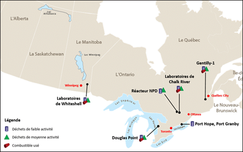 Carte montrant l’emplacement des sites des Laboratoires Nucléaires Canadiens au Canada : Laboratoires de Chalk River; Laboratoires de Whiteshell; Port Hope; Port Granby; Douglas Point; Gentilly-1; réacteur nucléaire de démonstration.