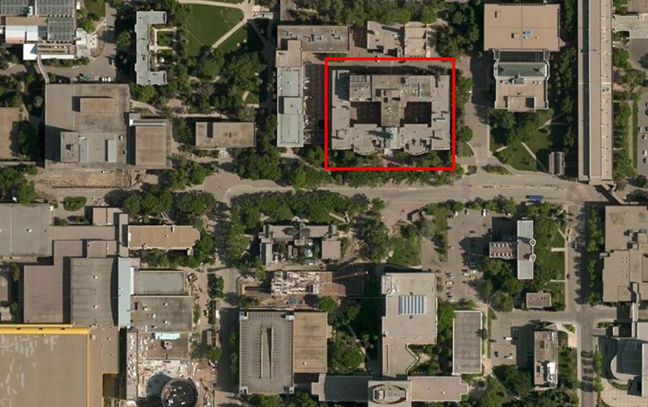 This picture shows an aerial view of the Dentistry/Pharmacy Building that houses the SLOWPOKE-2 facility at the University of Alberta in Edmonton, AB