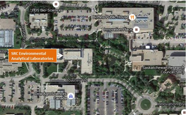 This picture shows an aerial view of the Saskatchewan Research Council Environmental Analytical Laboratories, which houses the SLOWPOKE-2 facility at the University of Saskatchewan in Saskatoon, SK