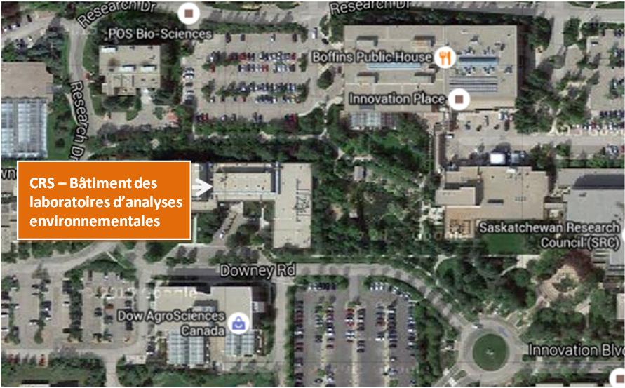 Cette image présente une vue aérienne des laboratoires d’analyses environnementales du Conseil de recherche de la Saskatchewan, où se trouve l’installation SLOWPOKE-2 de l’Université de la Saskatchewan, à Saskatoon (Saskatchewan)