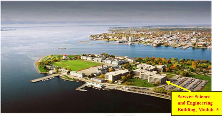 This picture shows an aerial view of the Royal Military College of Canada complex in Kingston, ON. The picture includes the Sawyer Science and Engineering Building, which houses the SLOWPOKE-2 facility