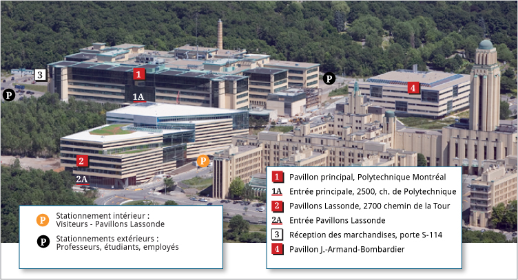 Cette image présente une vue aérienne du campus de l’École Polytechnique de Montréal (EPM) à Montréal (Québec). On y voit l’immeuble principal de l’EPM, où se trouve l’installation SLOWPOKE-2