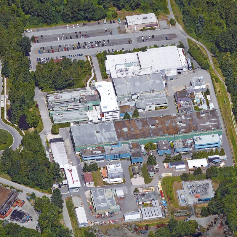 This picture shows an aerial view of the TRIUMF facility, which is located on the University of British Columbia campus in Vancouver, BC