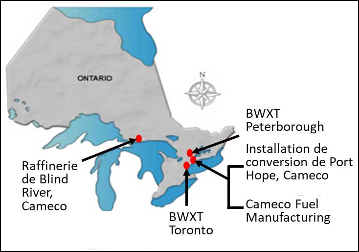 Figure 2-1 : Emplacement des installations de traitement de l’uranium en Ontario, au Canada