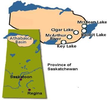 Location of uranium mines and mills in Saskatchewan