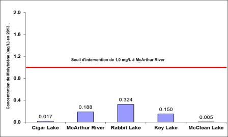 Figure 2-8: Concentrations annuelles moyennes de molybdène dans les effluents rejetés dans l’environnement en 2013