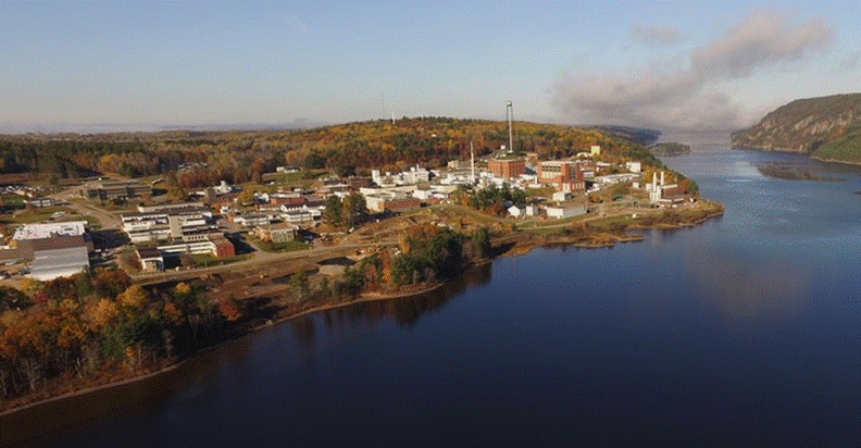 This picture shows an aerial view of the built-up area of Chalk River Laboratories.