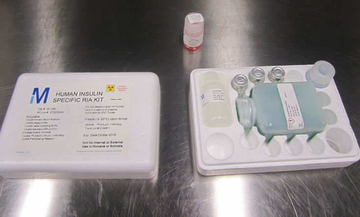 A radioimmunoassay kit used to measure and quantify insulin in a lab study 
