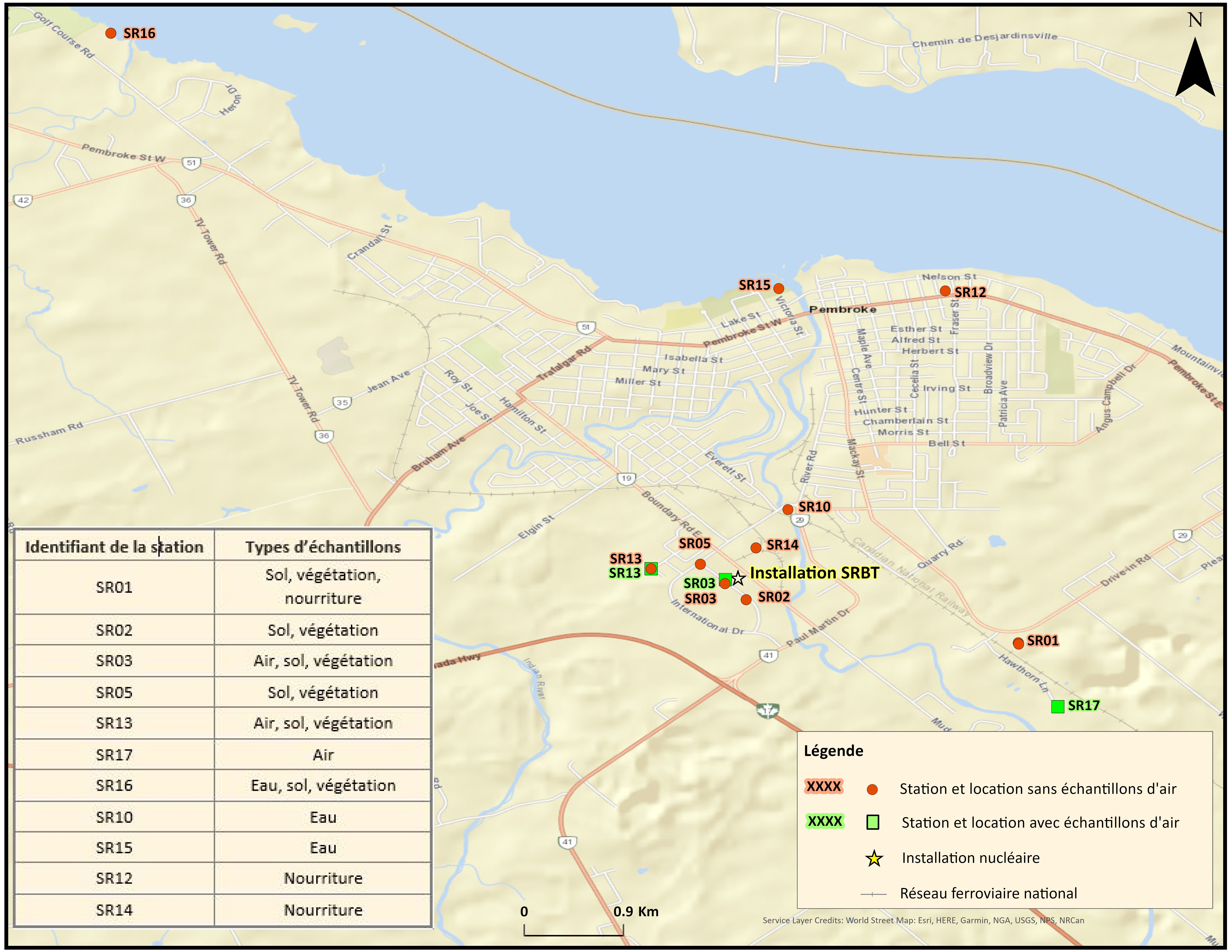 Vue d’ensemble des lieux d’échantillonnage pour la campagne d’échantillonnage du PISE en 2018 près de SRBT. 