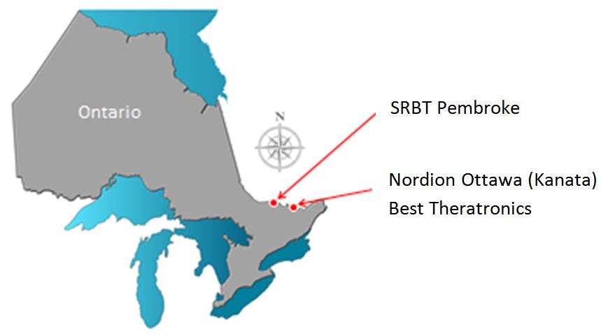 This map shows the location of the nuclear substance processing facilities in Ontario, Canada: SRBT, located in Pembroke; Nordion, located in Ottawa; and Best Theratronics, also located in Ottawa