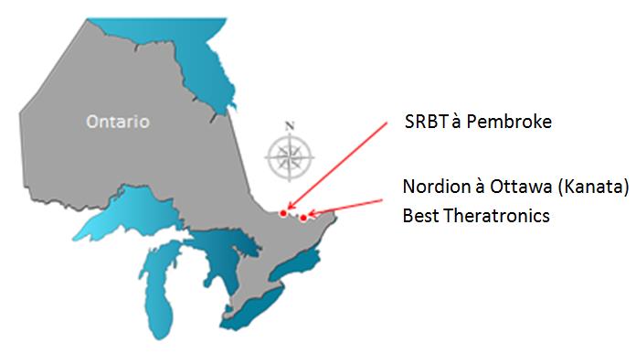 Cette carte indique l’emplacement des installations de traitement de substances nucléaires en Ontario, au Canada : SRBT à Pembroke, Nordion à Ottawa, et Best Theratronics également à Ottawa