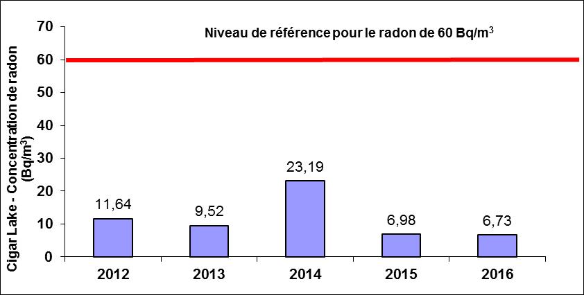 Concentrations: 2012: 11.64 Bq/m<sup/>3</sup>; 2013: 9.52 Bq/m<sup>3</sup>; 2014: 23.19 Bq/m<sup>3</sup>; 2015: 6.98 Bq/m<sup>3</sup>; 2016: 6.73 Bq/m<sup>3</sup> 