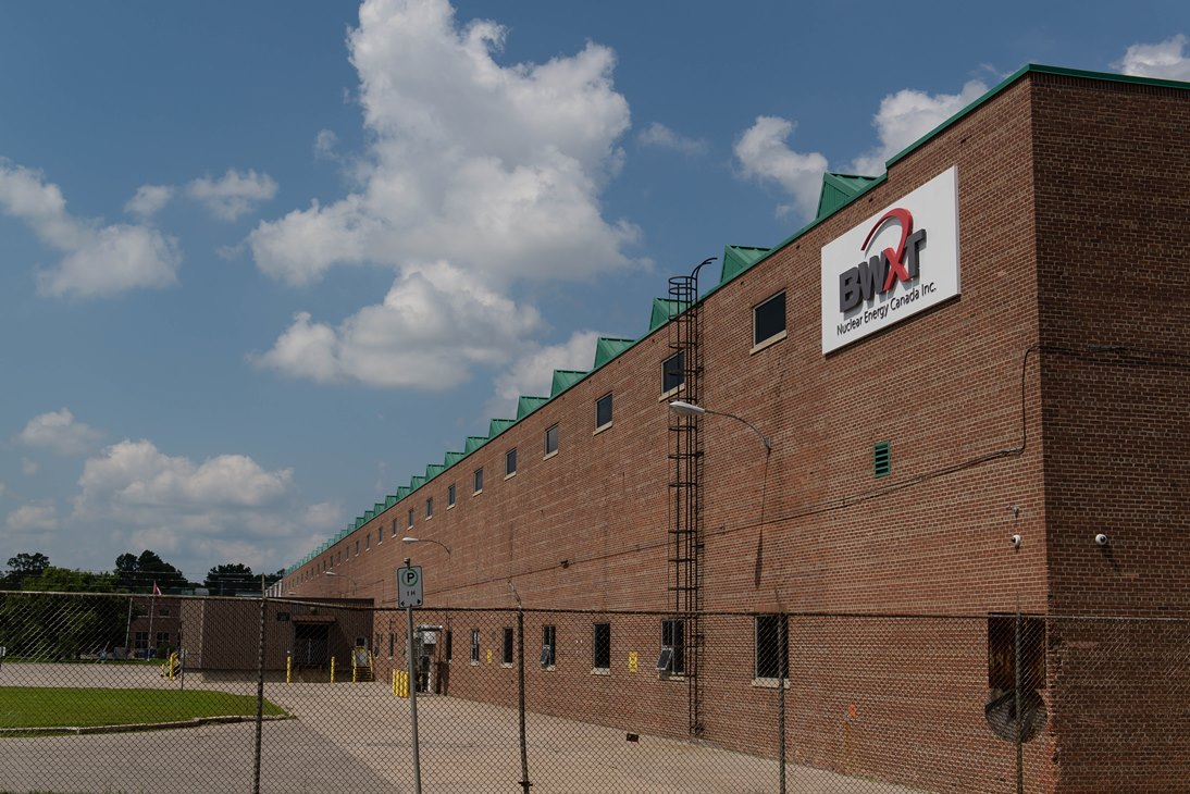 This picture shows a side view of the BWXT Peterborough facility located in Peterborough, ON