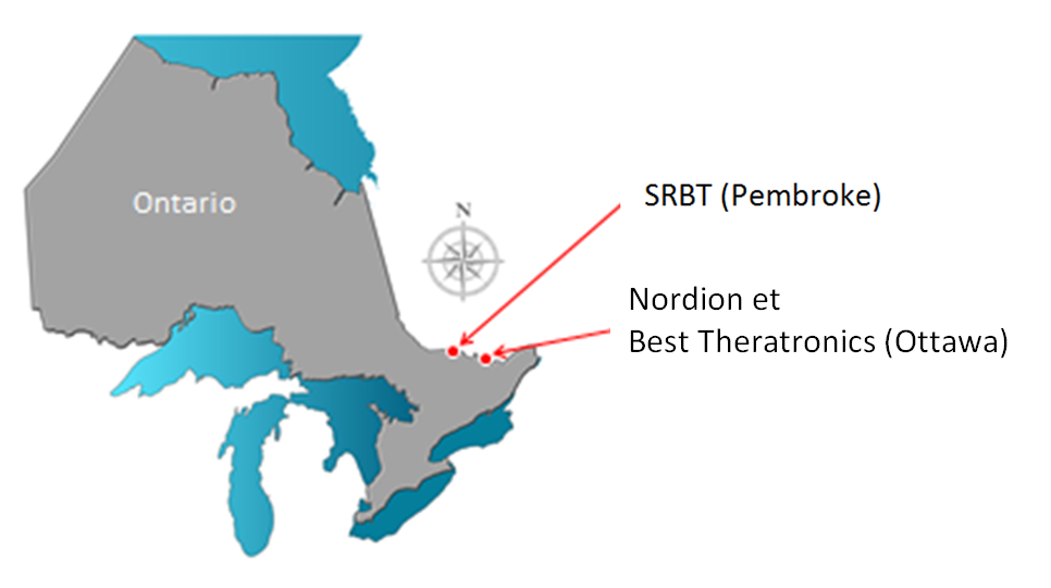 Cette carte indique l’emplacement des installations de traitement de substances nucléaires en Ontario, au Canada : SRBT à Pembroke, Nordion à Ottawa, et Best Theratronics également à Ottawa