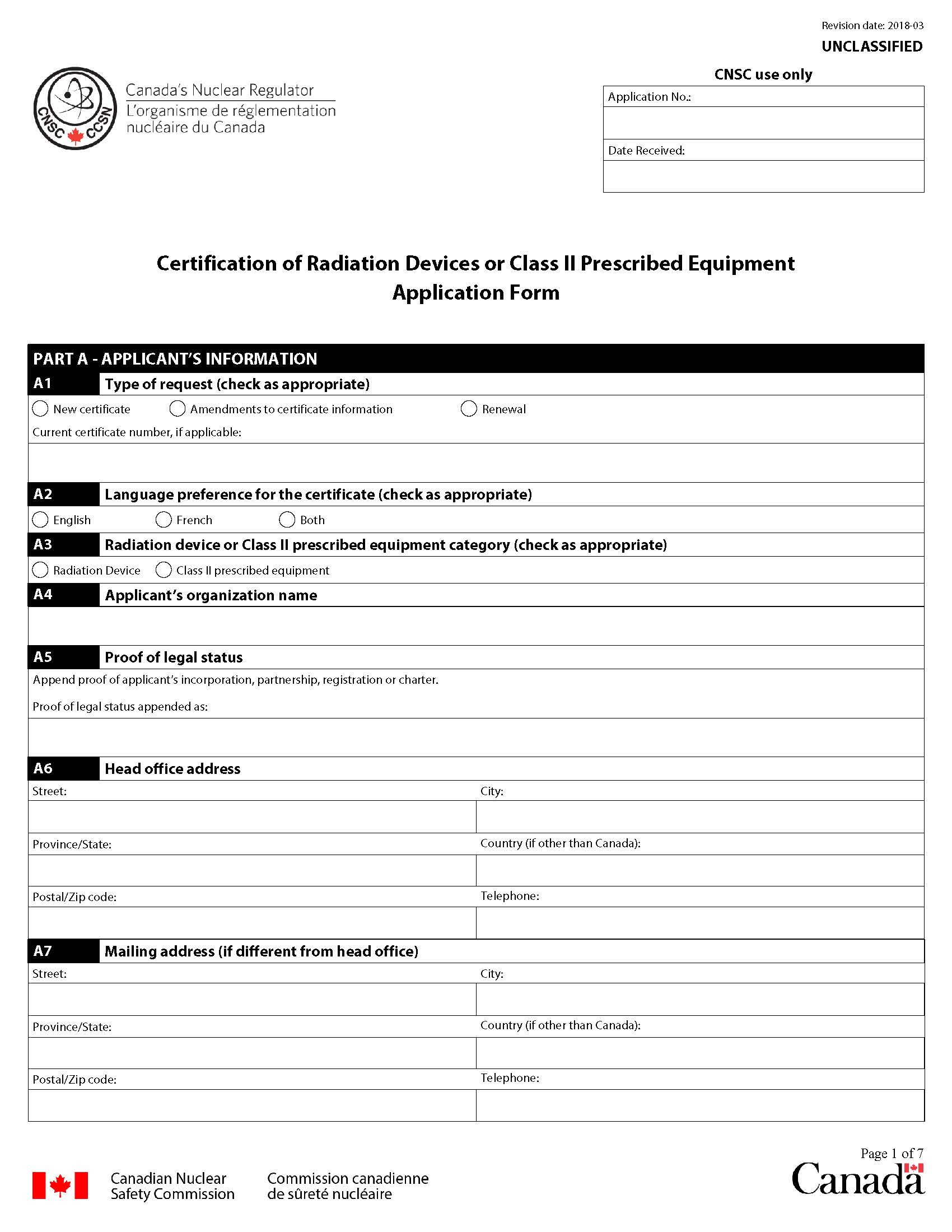 Application form for certification of radiation devices or Class II prescribed equipment: page 1