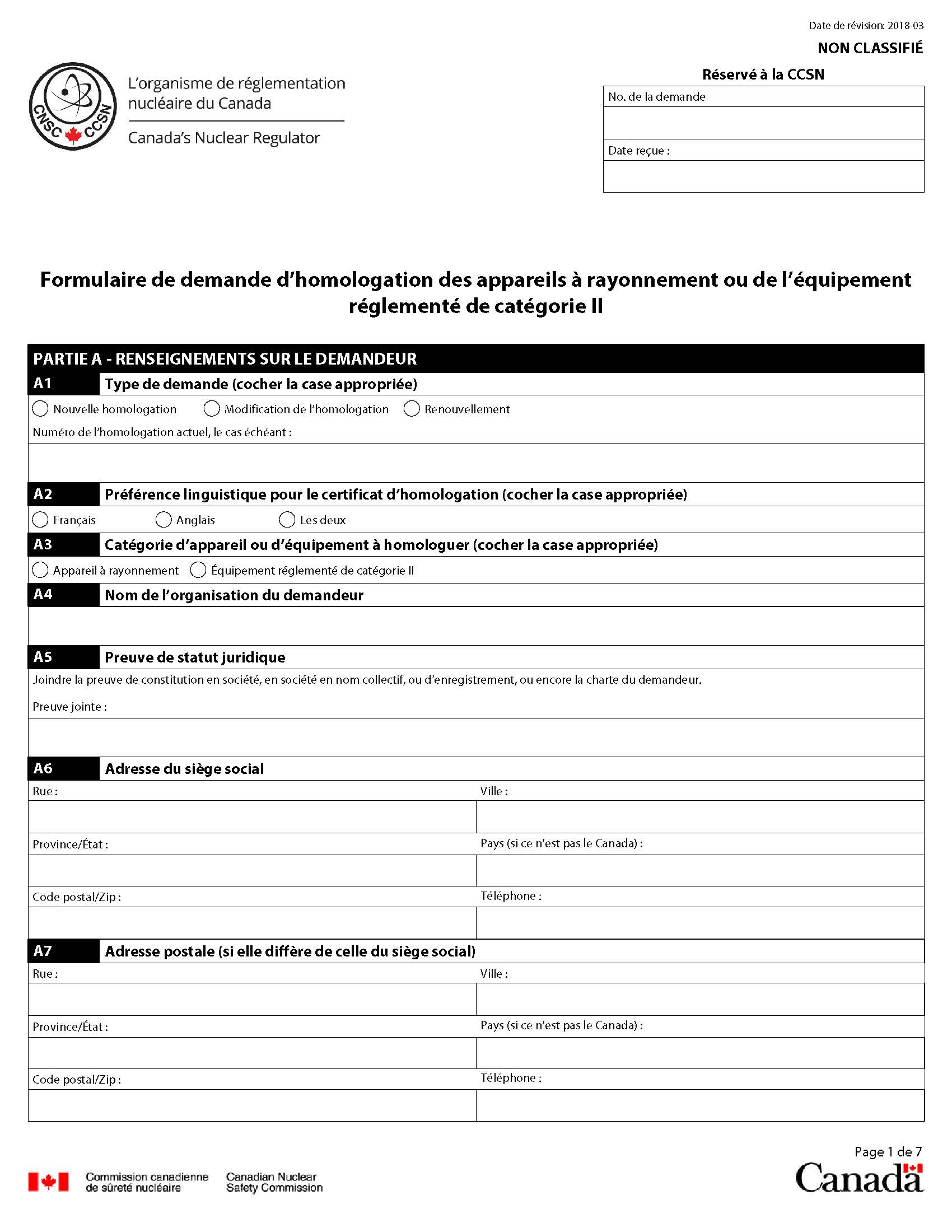 Formulaire de demande d’homologation des appareils à rayonnement ou de l’équipement de catégorie II : page 1