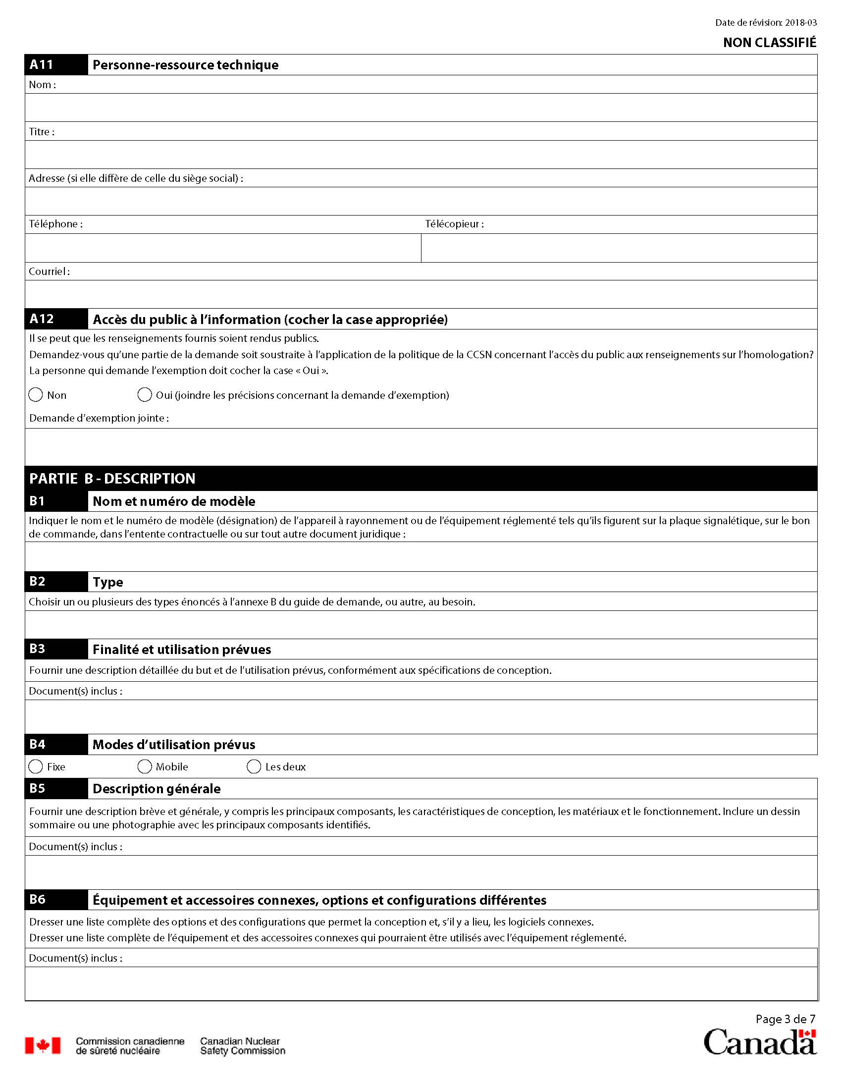 Formulaire de demande d’homologation des appareils à rayonnement ou de l’équipement de catégorie II : page 3