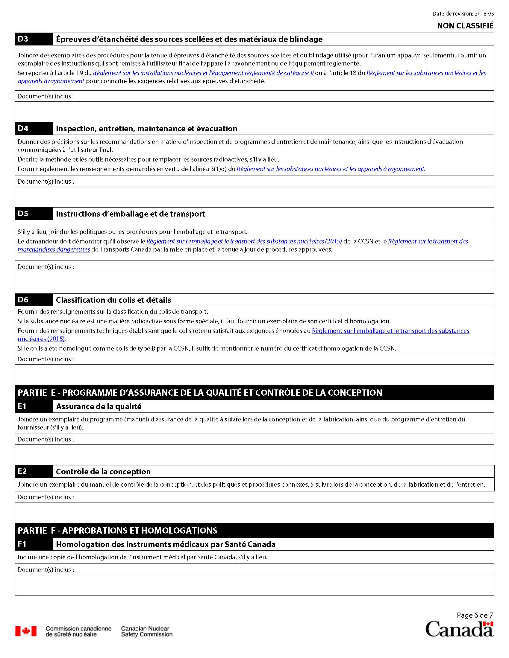 Formulaire de demande d’homologation des appareils à rayonnement ou de l’équipement de catégorie II : page 6