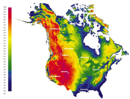 This image shows a map of North America and uses a colour scale to show the annual outdoor effective dose (µSv) from cosmic radiation.