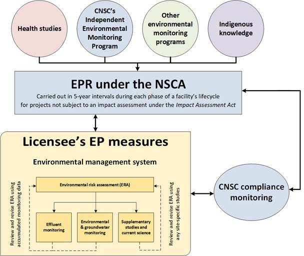 This graphic shows the EPR framework. Health studies, the CNSC’s Independent Environmental Monitoring Program, other environmental monitoring programs and Indigenous knowledge each contribute to the EPR under the NSCA. An EPR under the NSCA is carried out in 5-year intervals during each phase of a facility’s lifecycle for projects that are not subject to an impact assessment under the Impact Assessment Act. From this EPR come the CNSC’s compliance monitoring activities, and the licensee’s EP measures, which also inform the EPR. The Licensee’s EP measures comprise the environmental management system, which includes the environmental risk assessment (ERA). The ERA includes effluent monitoring, environmental and groundwater monitoring, and supplementary studies and current science. The ERA is reviewed and revised using accumulated monitoring data and any site-specific studies.