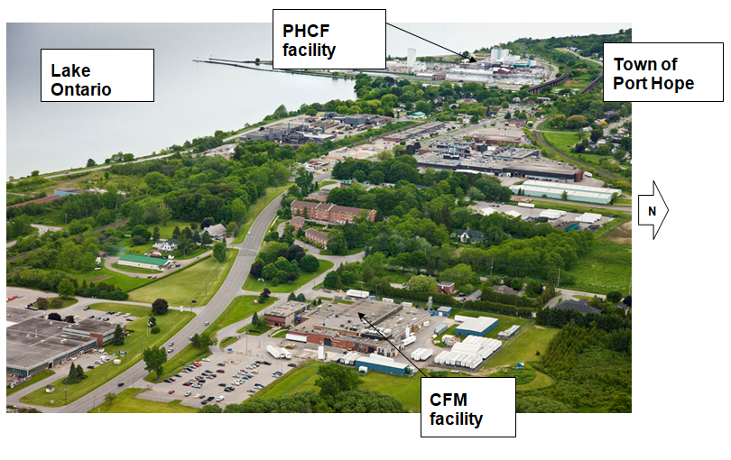 Aerial overview of the Cameco Fuel Manufacturing facility in the municipality of Port Hope, with labels pointing to the facility as well as the Port Hope Conversion Facility and Lake Ontario.