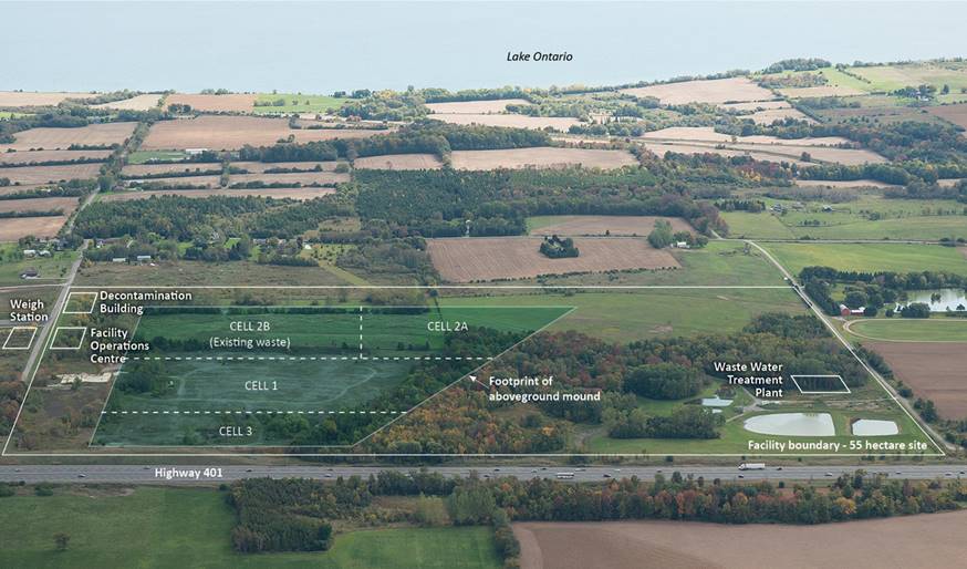 Aerial overview of the Port Hope Long-Term Waste Management Facility and surrounding area.