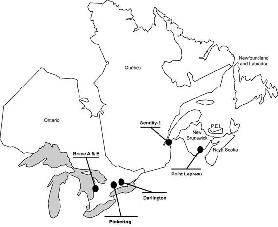 A partial map of Canada showing the locations of NPPs, with Darlington, Pickering and Bruce in Ontario, Gentilly-2 in Quebec and Point Lepreau in New Brunswick.