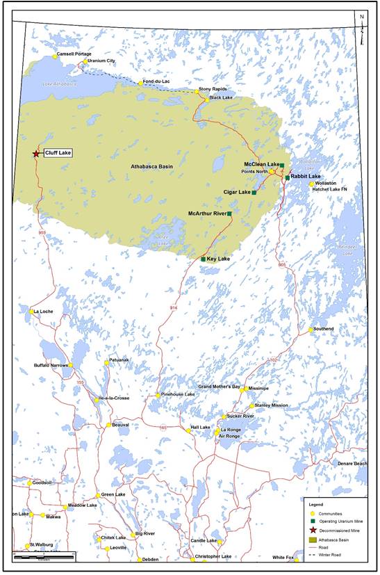 Image d’une carte géographique montrant l’emplacement du projet de Cluff Lake et ses environs dans le bassin d’Athabasca.