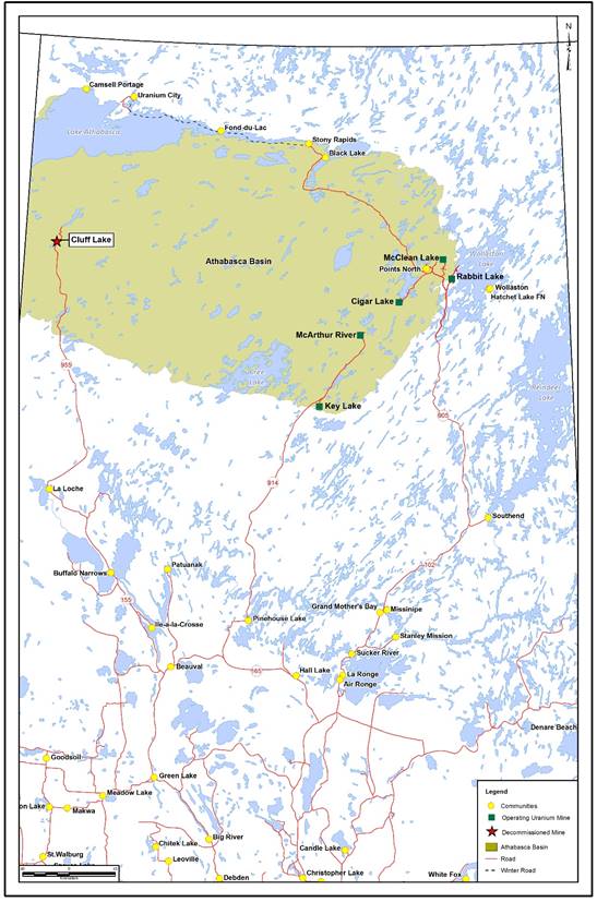 Image d’une carte géographique montrant l’emplacement du projet de Cluff Lake et ses environs dans le bassin d’Athabasca.