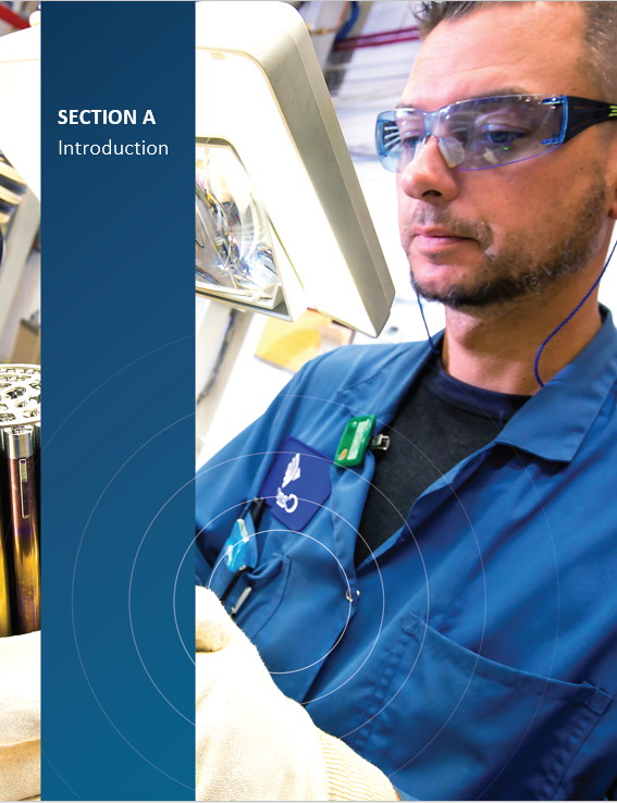 Cover image of an employee at Cameco Fuel Manufacturing Facility inspecting finished CANDU fuel bundles for 'Section A Introduction'