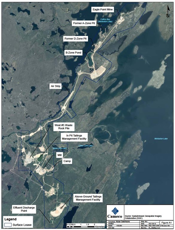 Aerial overview of the Rabbit Lake Operation, including the Eagle Point Mine, the air strip, the mill and the worker’s camp.