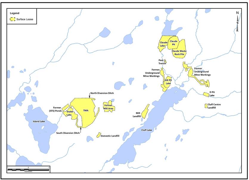 Vue aérienne du bail de surface actuel pour le projet de Cluff Lake.