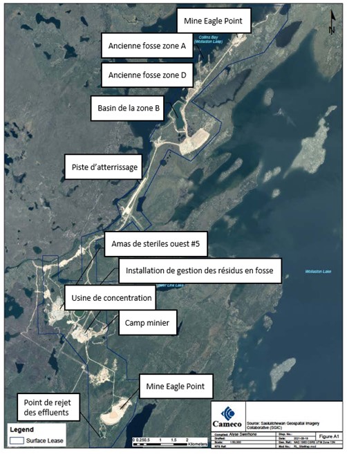 Vue aérienne de l’établissement de Rabbit Lake avec la mine Eagle Point, la piste d’atterrissage, l’usine de concentration et le campement des travailleurs