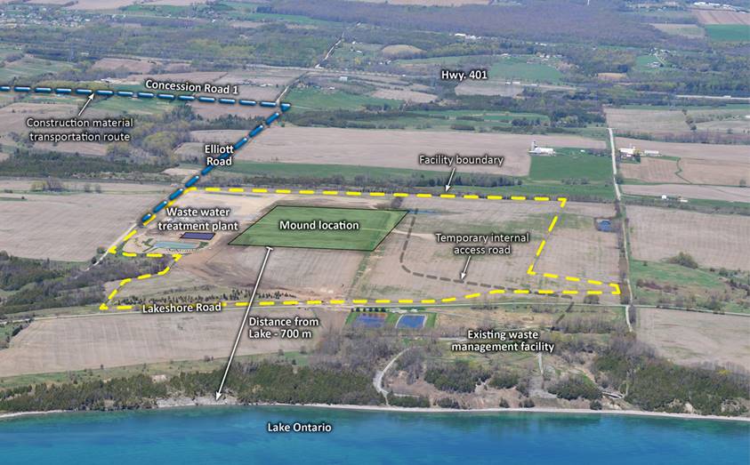 Vue aérienne de l’installation de gestion à long terme des déchets de Port Granby et des alentours.