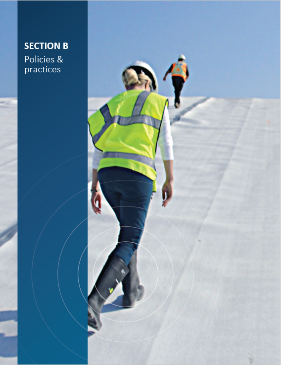 Cover image of CNSC staff inspecting the high density polyethylene liner at the Port Granby Long-Term Waste Management Facility for 'Section B Policies and practices'